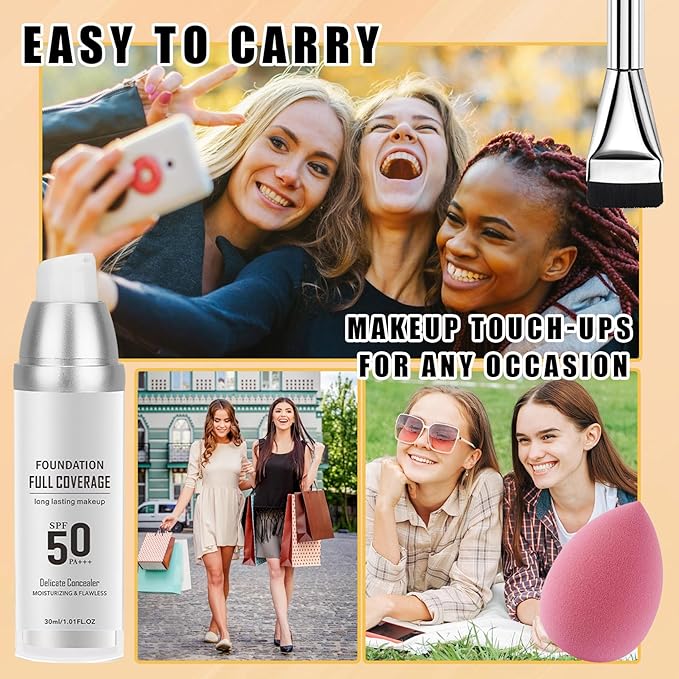 2PCS Color Changing Liquid Foundation Makeup,Flawless Full Coverage Foundation with Makeup Brush and Sponge,Non-greasy Long Lasting Moisturizing SPF50 PA+++ Face Sunscreen for Women(A)