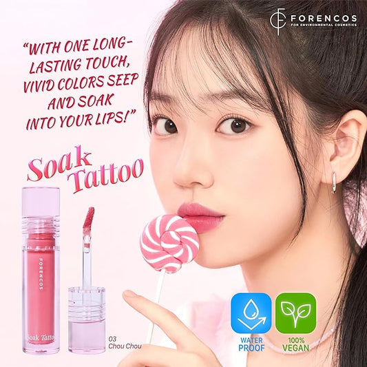 FORENCOS Soak Vegan Lip Tint/Stain, Water Gel Formula, Weightless & Non-sticky Finish, Vivid Color, Smudge-proof, Cruelty-Free, Korean Makeup, Waterproof, 0.11 oz (03 Chou Chou)