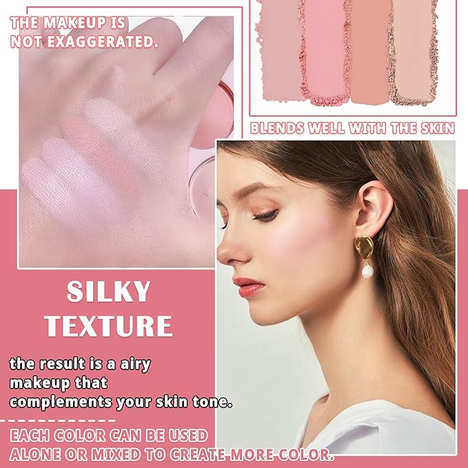 4 Colors Blush Palette for Cheeks,Face Matte Contour Blush Makeup Palette,Buildable Shimmer Facial Cheek Blusher Shades,Blendable Cosmetic Makeup Blush with Blush Brush 03