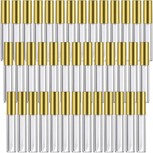 Patelai 40 Pieces Empty Lip Gloss Tubes Containers Clear Lip Balm Bottle with Rubber Stopper and 2 Pieces Funnels for Women DIY Makeup Lip Samples(10 ml,Gold)