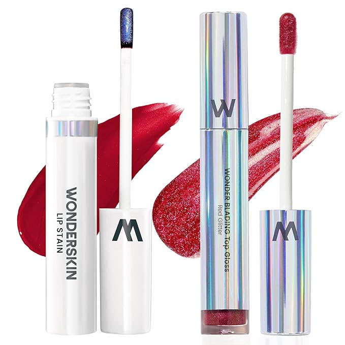 Wonderskin Wonder Blading Lip Stain Peel Off Masque - Long Lasting, Waterproof (Divine) with Top Gloss - Red Glitter Lip Gloss, Hydrating and High Shine Finish