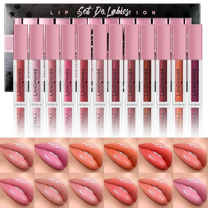 LANGMANNI 12Pcs Lip gloss Collection Makeup Set, Shiny Smooth Soft Liquid Lip Glosses Lip Stain With Rich Varied Colors For Girls And Women Makeup (Shimmery-B)