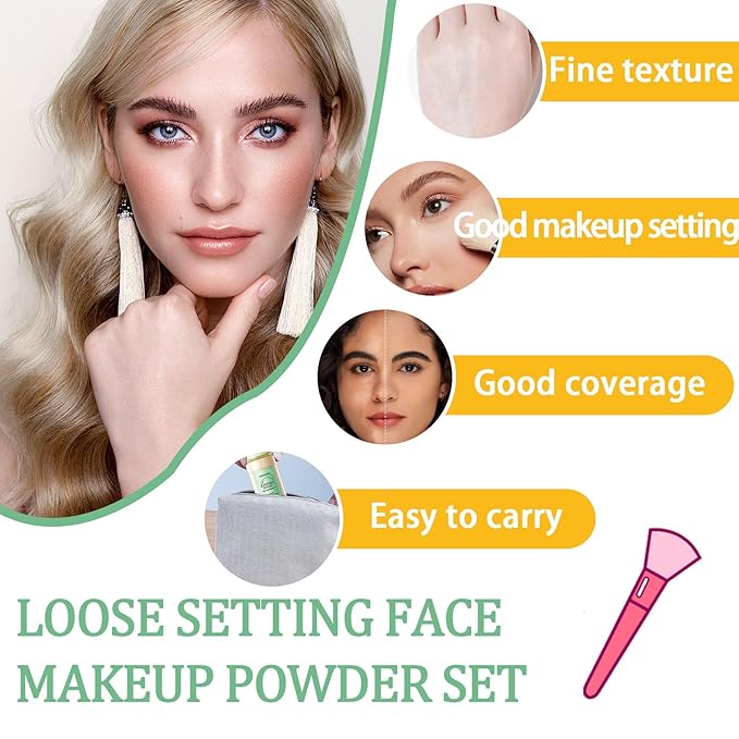 Loose Setting Face Makeup Powder Set,Lightweight Silky Mineral Loose Setting Powder Set with Makeup Brush & Foundation Face Makeup Puffs Set for Women(3PCS)