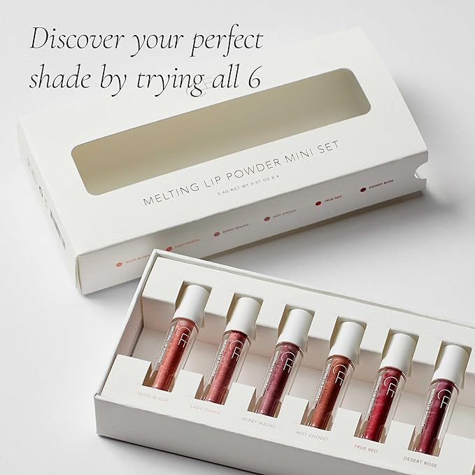 CLE Cosmetics Melting Lip Powder Mini Set of 6 - Lip Tint (Vegan, Cruelty Free, Paraben-Free) with Long-Lasting, Weightless Lip Stain, Usable on Lips, Eyes and Cheeks, Matte Finish, Travel Size