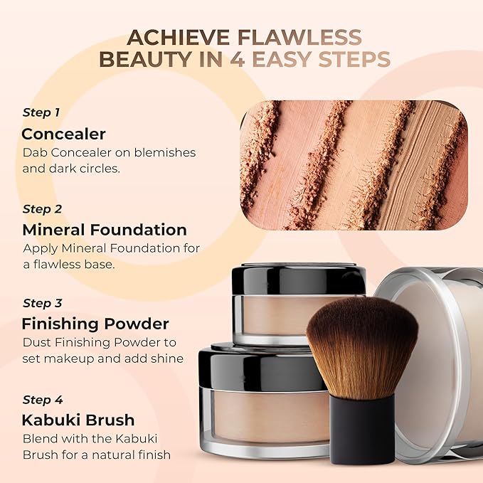 4pc Full Size Kit (Ebony Shade) Mineral Makeup Matte Translucent Loose Foundation + Kabuki Brush + Concealer + Finishing Setting Powder + Bare Face Full Coverage SPF 30 All Skin Types Waterproof