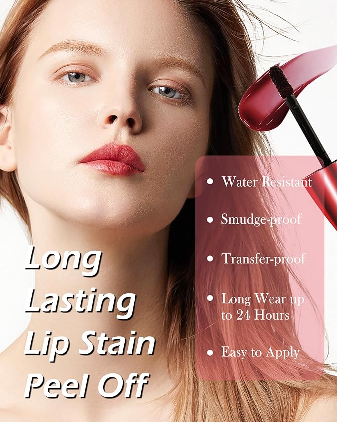 Peel Off Lip Stain - Red Matte Lip Liner Stain Waterproof Long Lasting 24H, Highly Pigmented Lip Tattoo Peel Off Lip Tint Stain, Transfer-Proof and Non-Stick Cup, Liquid Lip Gloss Makeup for Women-03