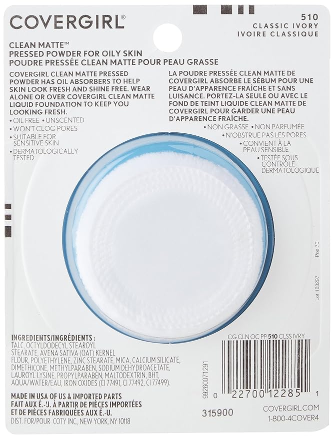 COVERGIRL Clean Matte Pressed Powder, Oil Control Powder, 1 container, .35 Fl Oz, Face Powder, Oil Free Loose Powder, Matte Finish, Lightweight, Shine Free Formula, Leaves Skin Smooth and Clean