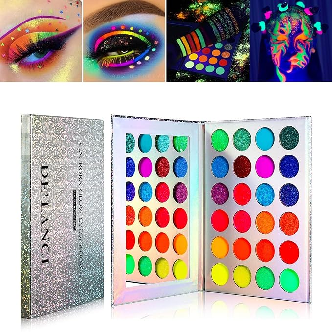 DE'LANCI Neon Eyeshadow Palette Glow in the Dark and SFX Makeup Metallic Powder,Halloween Christmas Makeup Kit UV Blacklight Matte Glitter Eye Shadow+Good Coverage Metal Powder Set for 3-4 People