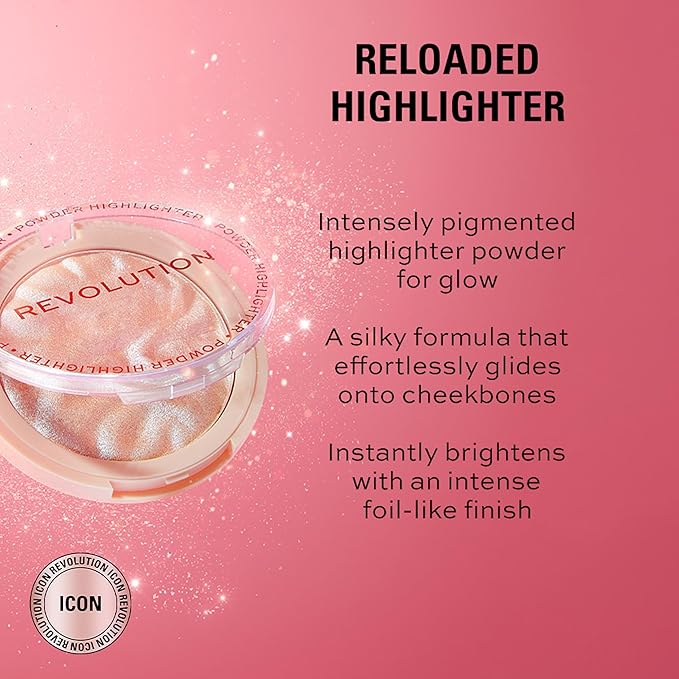 Revolution, Reloaded Pressed Powder Highlighter, Intensely Pigmented for a High Impact Dewy Finish, Peach Lights, 0.22 Oz