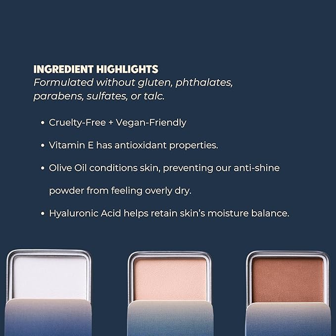 Shine Eraser | Absorbs Oil + Minimizes Pores | Premium Mattifying Formula for Men’s Skin | 3 Shades | High-Performance Ingredients | Made In USA | Cruelty-Free + Vegan | 100% Recyclable Tin