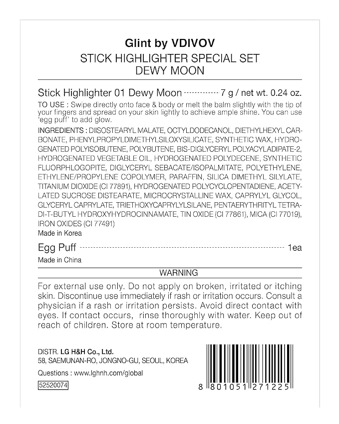 Glint Stick Highlighter Special Set (Dewy Moon(Set), 0.24oz + Egg-Shaped Makeup Sponge) - Multi-Use Illuminator Stick. Korean Makeup by LG Beauty. Creamy & Blendable Color.