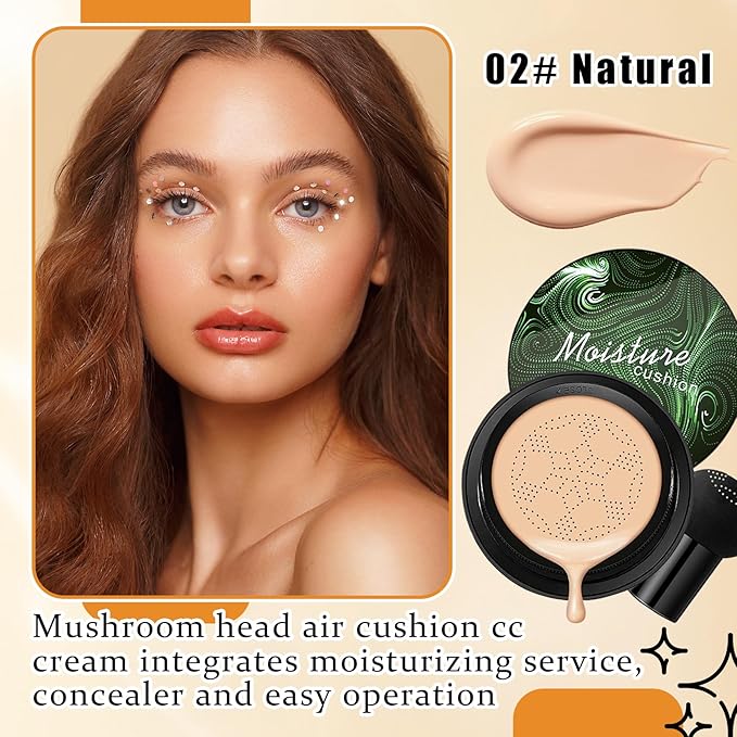 Mushroom Head Air Cushion CC Cream Foundation Makeup,Moisturizing BB Cream Face Makeup Liquid Foundation,Long Lasting Full Coverage Concealer for All Skin Types(Natural)