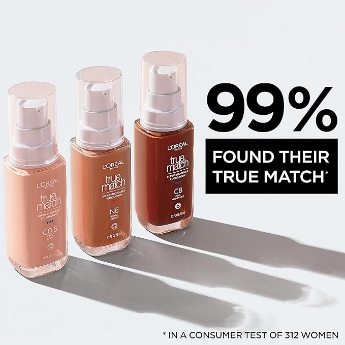 L’Oréal Paris True Match Super-Blendable Foundation, Medium Coverage Liquid Foundation Makeup with SPF 17, W10.5, Deep, 1 Fl Oz (Pack of 3)