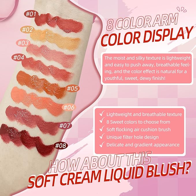 Liquid Blush for Cheeks, Soft Cream Blush with Cushion Applicator, Dewy Finish Matte Velvet Texture, High-Pigmented Blendable, Long-Wearing Rubor Makeup | #06 CHEERY-Peachy Pink