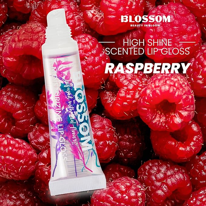 Blossom Lip Gloss Tubes, Raspeberry Scented Thick Clear High Shine Moisturizing Flower Lip Gel with Nourishing Jojoba Seed Oil, Infused with Real Flowers, 0.3oz, Raspberry