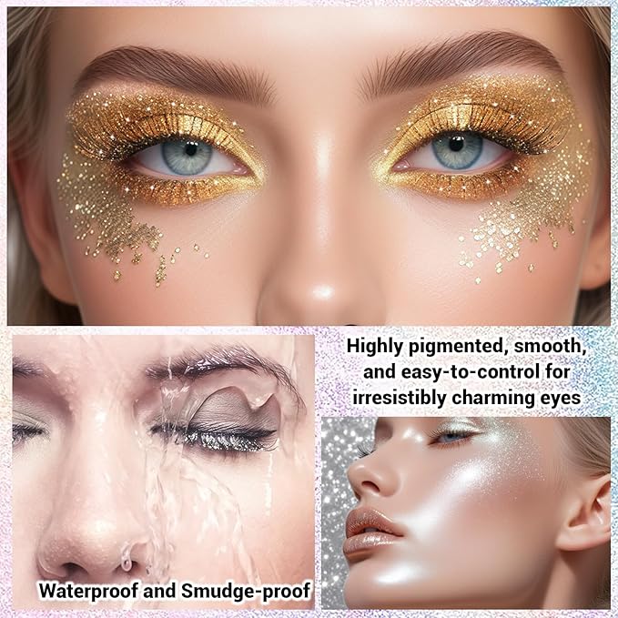 2 Pcs Glitter Mascara & Shimmer Liquid Eyeshadow Set, Long Lasting Waterproof, Shiny Diamond Eye Makeup for Party Dazzling Looks, Metallic Eye Shadow Lipstick Makeup #Set5(White+Mocha Brown)