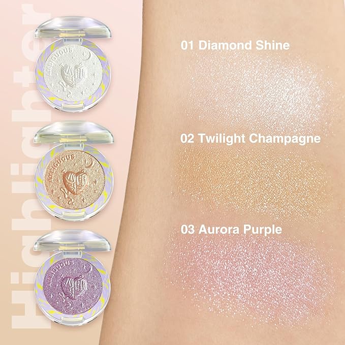 Glitter Sparkly Face Highlighter Makeup Palette Shimmer Radiant Glow Illuminator Iluminadores de Maquillaje 6g (03 Aurora Purple)