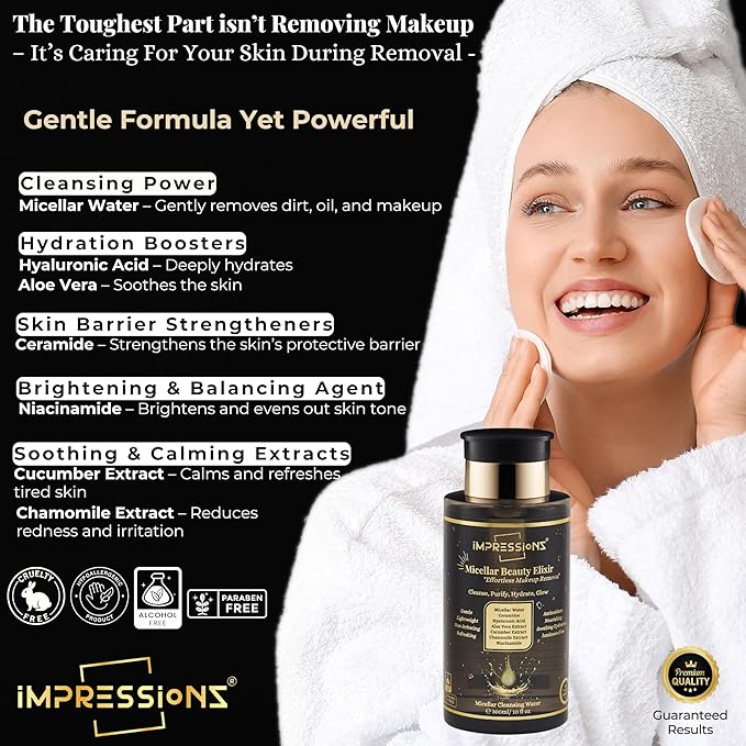 ImpressionZ Premium 300ml Micellar Water Makeup Remover | Gentle, Non-Sticky & Hypoallergenic Make Up Remover Liquid for All Skin Types | Fragrance-Free Micellar Cleansing Water | Hydrates & Soothes