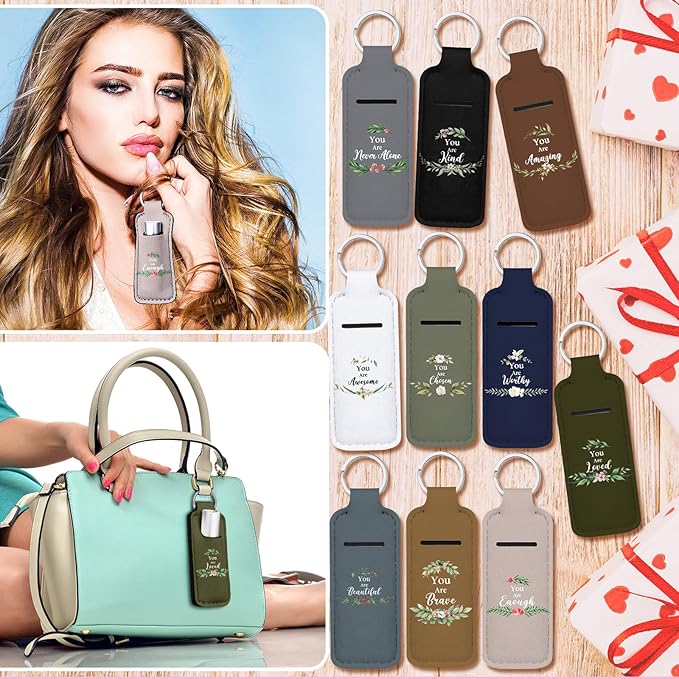 Ctosree 40 Pcs Inspirational Theme Lipstick Holder Lip Balm Holder with Portable Clip on Lip Gloss Sleeve Pouch Pocket for Employee Nurse Mother Teachers(Morandi Color)