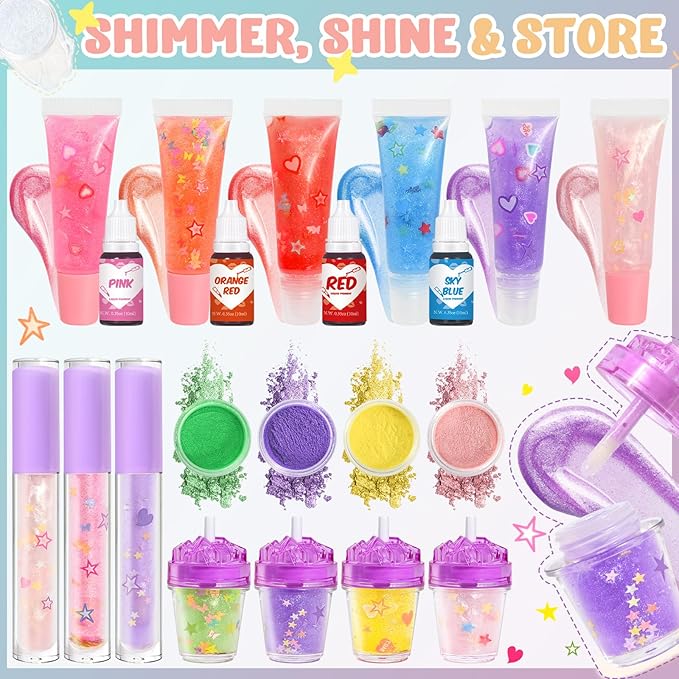 Lip Gloss Making Kit, JCOOS 66PCS Lipgloss Sets for Girls, Women, Kids Lip Gloss Kit, Fun Diy Lipgloss Making Kit for Beginner, Moisturize Lip Oil Base Tubes, Lip Gloss Set for Teens, Tween Girl Gifts