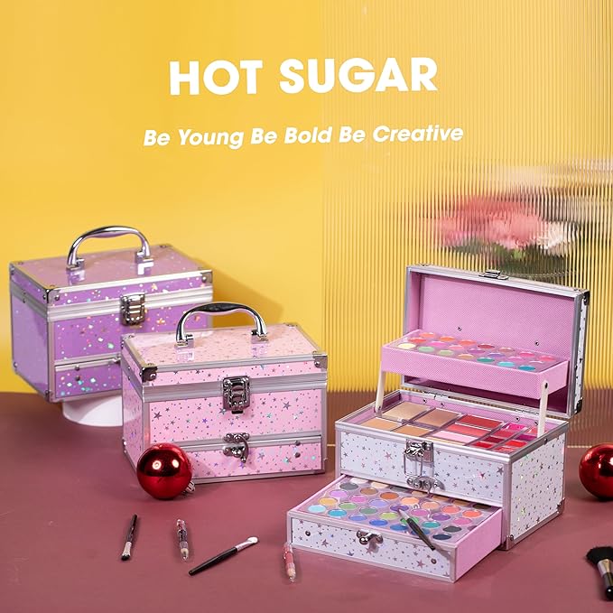 Hot Sugar Makeup Kit for Teen Girls, Kids Makeup Set for Girls Includes Eyeshadow, Lip Gloss, Blush, Highlighter, Bronzer, Lip Pencil, Eye Pencil, Brush and Makeup Box (WHITE)