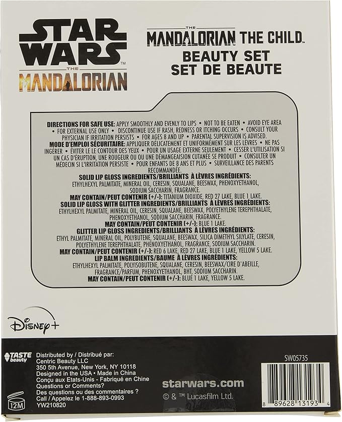 Mandalorian Baby Yoda Die Cut Lip Gloss Beauty Set – Includes 4 Flavored Lip Glosses and 1 Green Apple Flavored Lip Balm, Star Wars Themed Makeup Kit & Baby Yoda Gift Set
