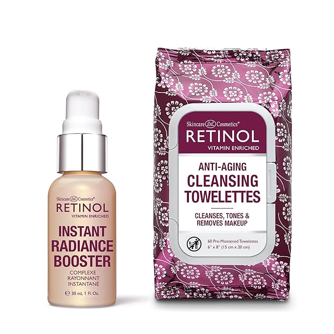 Retinol Instant Radiance Booster - Provides A Burst of Anti-Aging Hydration and Radiance + Retinol All in One Anti-Aging Cleansing Towelettes