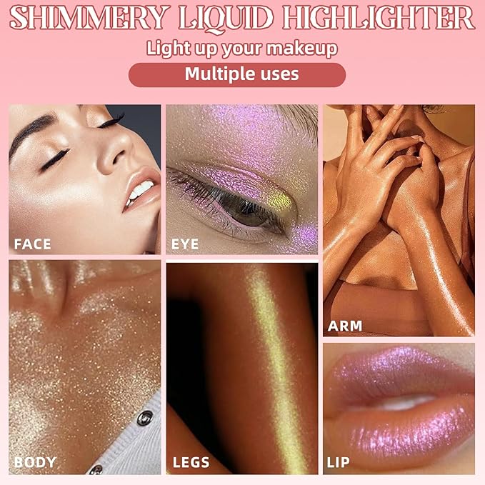 Liquid Highlighter, Natural Glow Liquid Luminizer, High Glossy Cream Highlighter Makeup with Cushion Applicator, Smooth Silky Lightweight Liquid Illuminator for Face & Body, Shake to Use-Gold