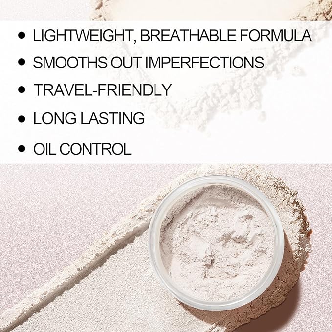 Matte Setting Powder,Waterproof & Long-Lasting Loose Powder for Flawless Finish,Minimizes Pores,Oil-Control,Sweat-Proof Makeup Powder,Includes Puff & Mirror