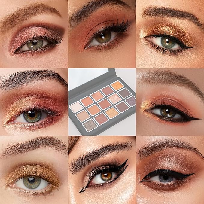 15 Colors Eyeshadow Palette Matte Shimmer Glitter, Highly Pigmented Eye Makeup, Warm Neutral Brown Red Shades, Blendable & Waterproof Eye Shadow Kit for Daily Wear, Smokey, Glam & Party Looks