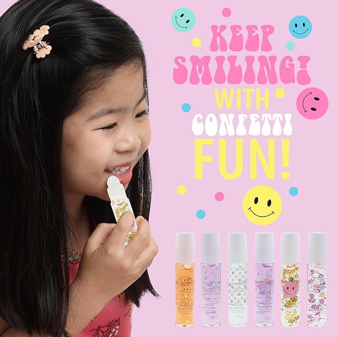 EXPRESSIONS 6pc Lip Gloss Set - High Shine Confetti Lip Gloss Tubes w/Rollerball Applicator Tips | Hydrating Roll On Lip Gloss, Safe and Non-Toxic Lip Gloss Gift Set For Girls (KEEP SMILING)