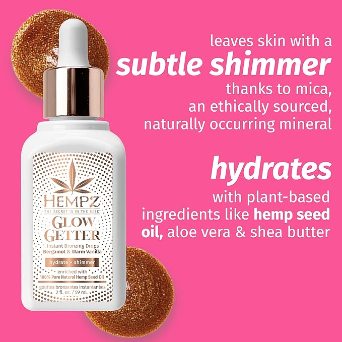 Hempz NEW Glow Getter Instant Bronzing Drops, Dewy Face Bronzer, Hydrating Shimmer, 2 oz.