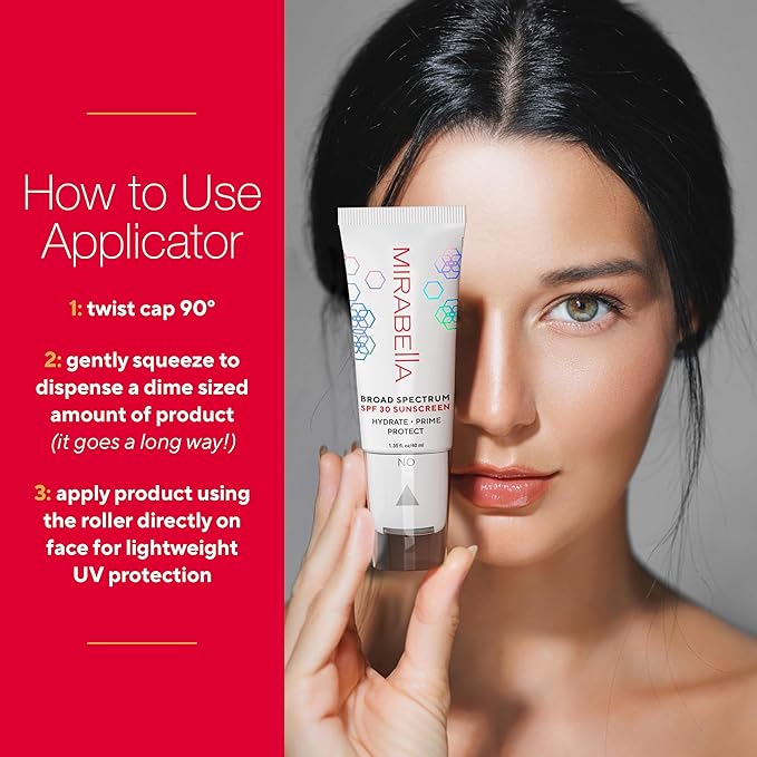Mirabella Face Primer with SPF– Broad Spectrum SPF 30, Hydrating SPF Moisturizer Face Primer & Anti-Aging Formula with Hyaluronic Acid & Antioxidants - Face Roller Applicator, 1.35 fl. Oz