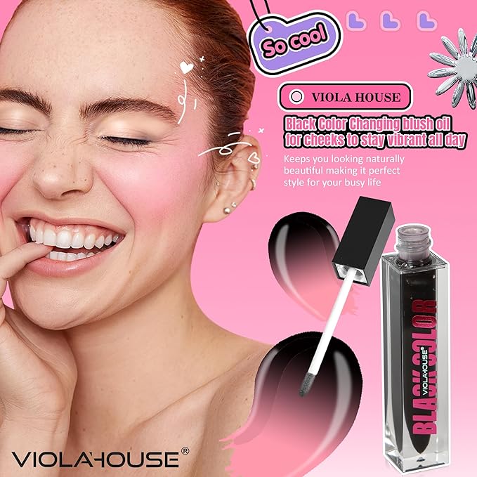 viola house Black Liquid Blush,Moisturising Color Changing Black Blush,Water-Based Ph Color Changing Blush,Multi-Purpose Liquid Blush Oil For Cheeks,Eyes and Lips 6ml/0.21oz 