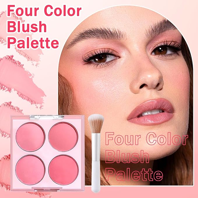 2PCS Powder Blush Palette, 4 Colors Pink Blush for Cheeks,Matte Highly Pigmented Contour Palette with Brush,Long-Lasting Waterproofing Makeup Palette for Face Makeup