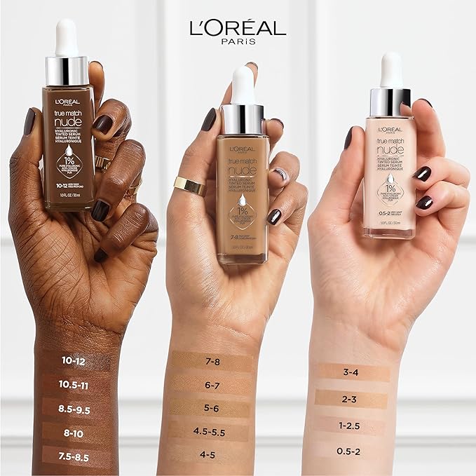 L'Oreal Paris True Match Nude Hyaluronic Tinted Serum Foundation with 1% Hyaluronic acid, Rich Deep, 1 fl. oz.