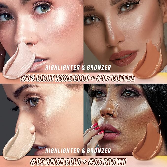 2 Pcs Cream Contour Stick Makeup Kit, Cream Highlighter Stick & Contour Bronzer Stick for Cheeks, Lightweight Blendable Smooth -Highlighter (#03 Champagne Gold #06 Silver)