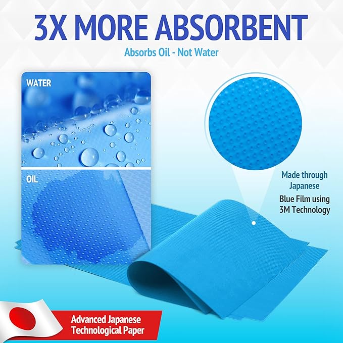 Blue Oil Wipes - Portable Face Blotting Sheets - Japanese High Performance Technology - Grain Free Softer Oil Pads - 50 Sheets