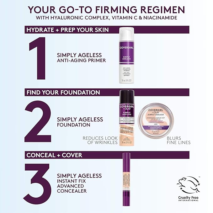CoverGirl & Olay Simply Ageless 3-in-1 Liquid Foundation, Matte Finish, Hyaluronic & Vitamin C Formula, Cruelty Free, Toasted Almond, 1 Count