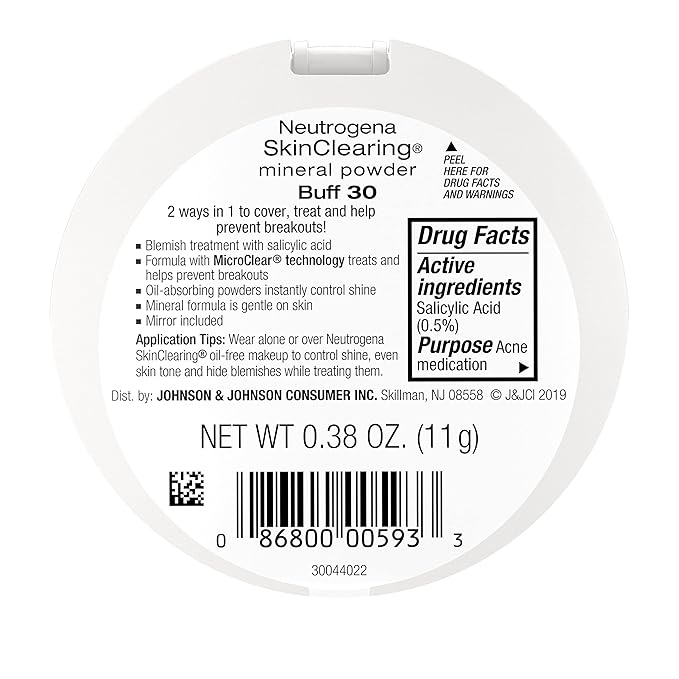 Neutrogena SkinClearing Mineral Acne-Concealing Pressed Powder Compact, Shine-Free & Oil-Absorbing Makeup with Salicylic Acid to Cover, Treat & Prevent Acne Breakouts, Buff 30, .38 oz (Pack of 2)