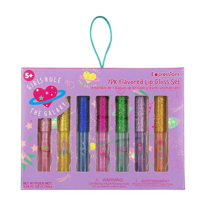 Expressions 7pc Girls Rule The Galaxy Lip Gloss Collection For Girls Teens & Women, Flavored Lip Gloss Glitter Lip Kit Party Favors