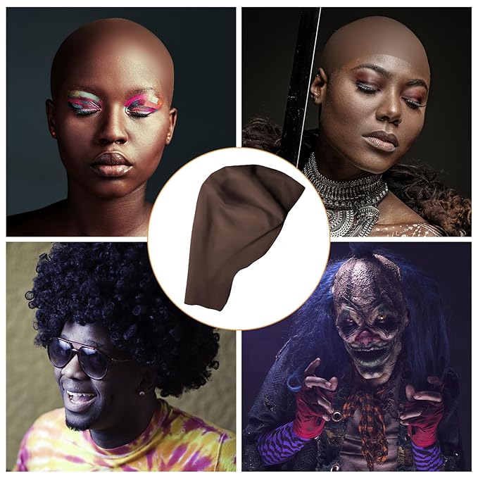 Dark Brown Bald Cap SFX Makeup Kit,Black Wig Cap with Professional Skin Water-Based Acrylic Adhesive(Bonding Glue) for Deep Skin Tones Men,Ideal for Halloween Costumes, Cosplay