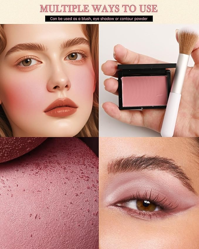 Matte Blush Powder for Cheeks,Contour Blusher Palette with Brush,High Pigment Lightweight Buildable Color, Waterproof Long-lasting Facial Makeup,Mother's Day Gifts for Women Girl-08# Ambience Red