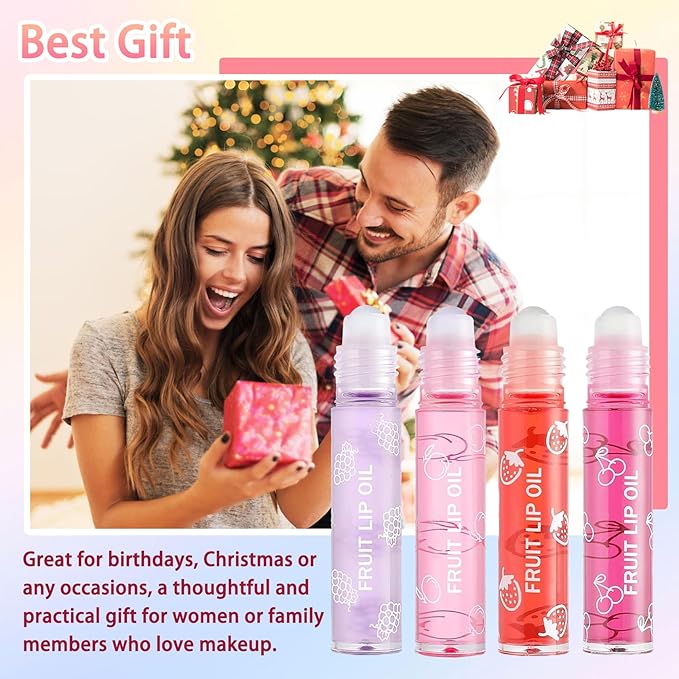 4PCS Roll On Lip Oil Set, Moisturizing Transparent Lip Glow Oil, Fruit Flavored Hydrating Roll On Plumping Lip Gloss Glossy Set, Long Lasting Non-sticky Shiny Lip Oil Makeup Gift Kit