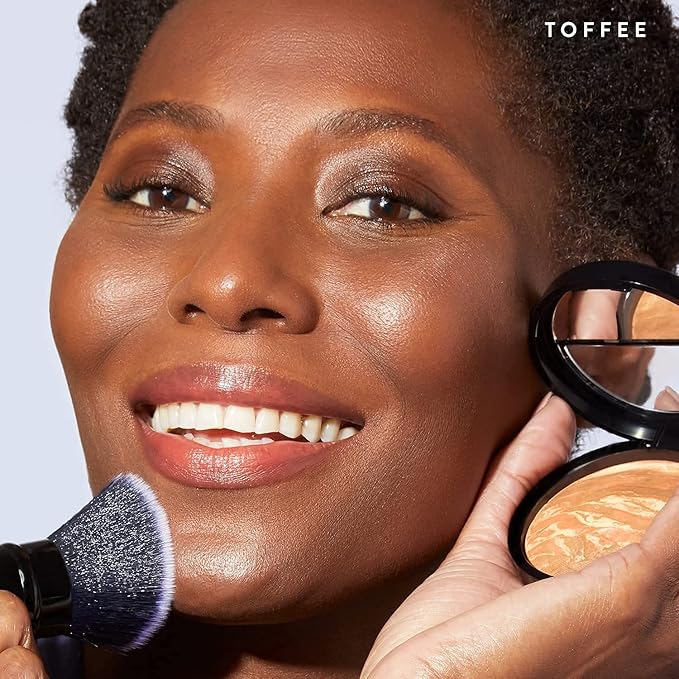 LAURA GELLER NEW YORK Baked Balance-n-Brighten Powder Foundation - Toffee + Spackle Super-Size Skin Perfecting Makeup Primer - Ethereal Rose Glow + Retractable Airbrush Kabuki Brush