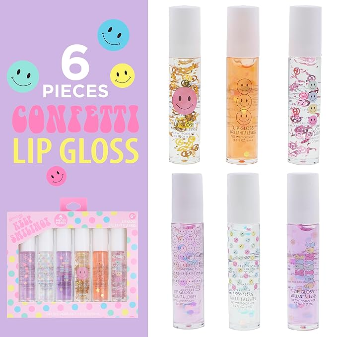 EXPRESSIONS 6pc Lip Gloss Set - High Shine Confetti Lip Gloss Tubes w/Rollerball Applicator Tips | Hydrating Roll On Lip Gloss, Safe and Non-Toxic Lip Gloss Gift Set For Girls (KEEP SMILING)