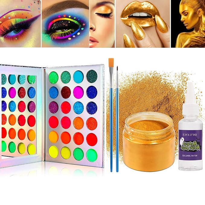 DE'LANCI Neon Eyeshadow Palette Glow in the Dark and SFX Makeup Metallic Powder,Halloween Christmas Makeup Kit UV Blacklight Matte Glitter Eye Shadow+Good Coverage Metal Powder Set for 3-4 People