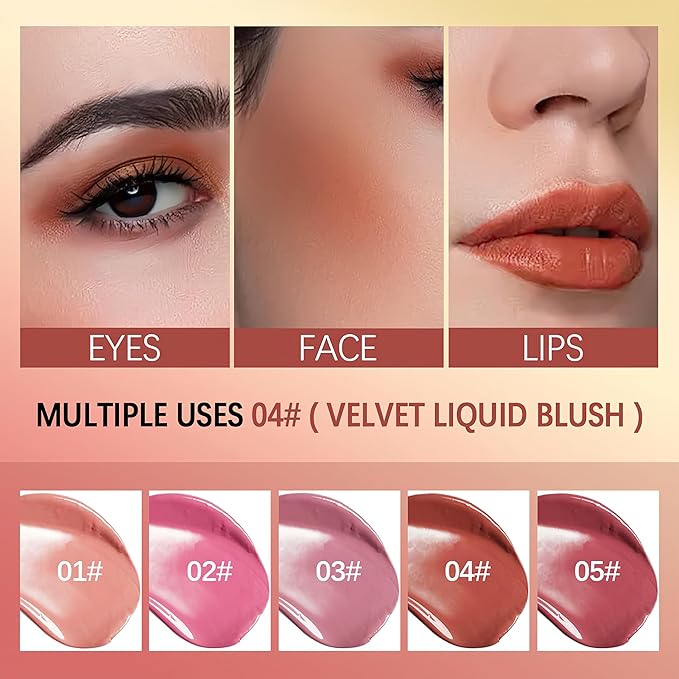 5 Color Velvet Liquid Blush, Soft Cream Face Blush for Cheek, Eye, Lips, Soft Cream, Weightless, Breathable, Natural-Looking liquid Blush Stick (01)