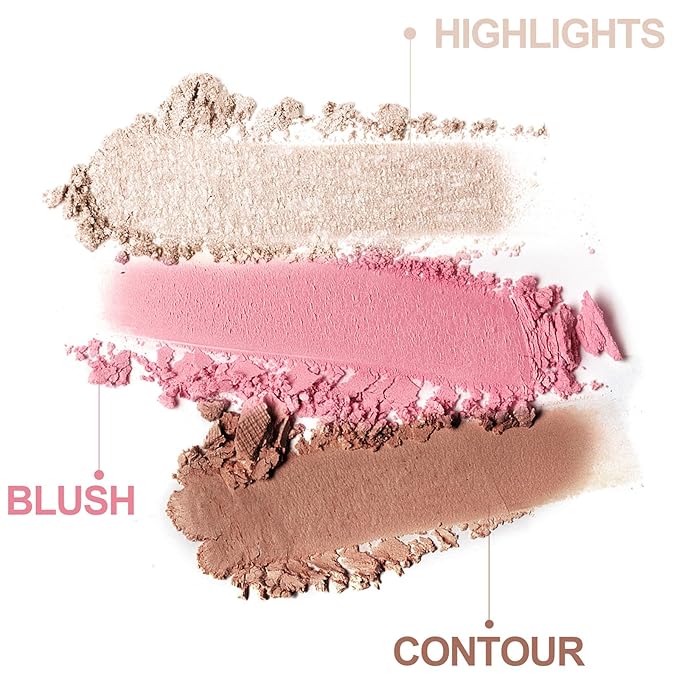 3-in-1 Blendable Trio, Contour and Highlight Blush Makeup Palette, Cream Bronzer, Silky Smooth Powder Blush, Shimmer Highlighter Makeup Powder, Travel-Friendly Stackable Make Up Kit with Mirror(01)