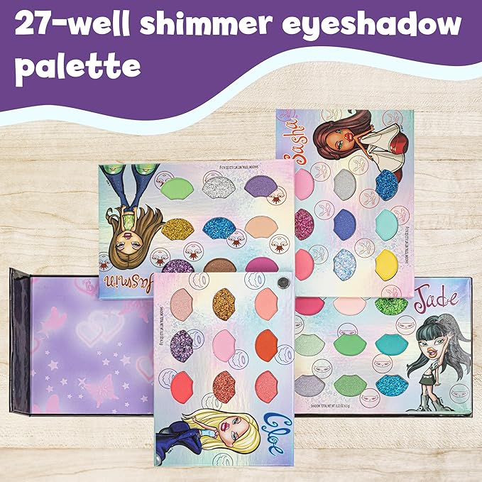 Bratz 27-Well Eyeshadow Swivel Palette, Shimmery and Opaque Colors, Pigmented Blendable, Long-lasting Colors, Non-Toxic, Perfect for Parties, Sleepovers & Makeovers